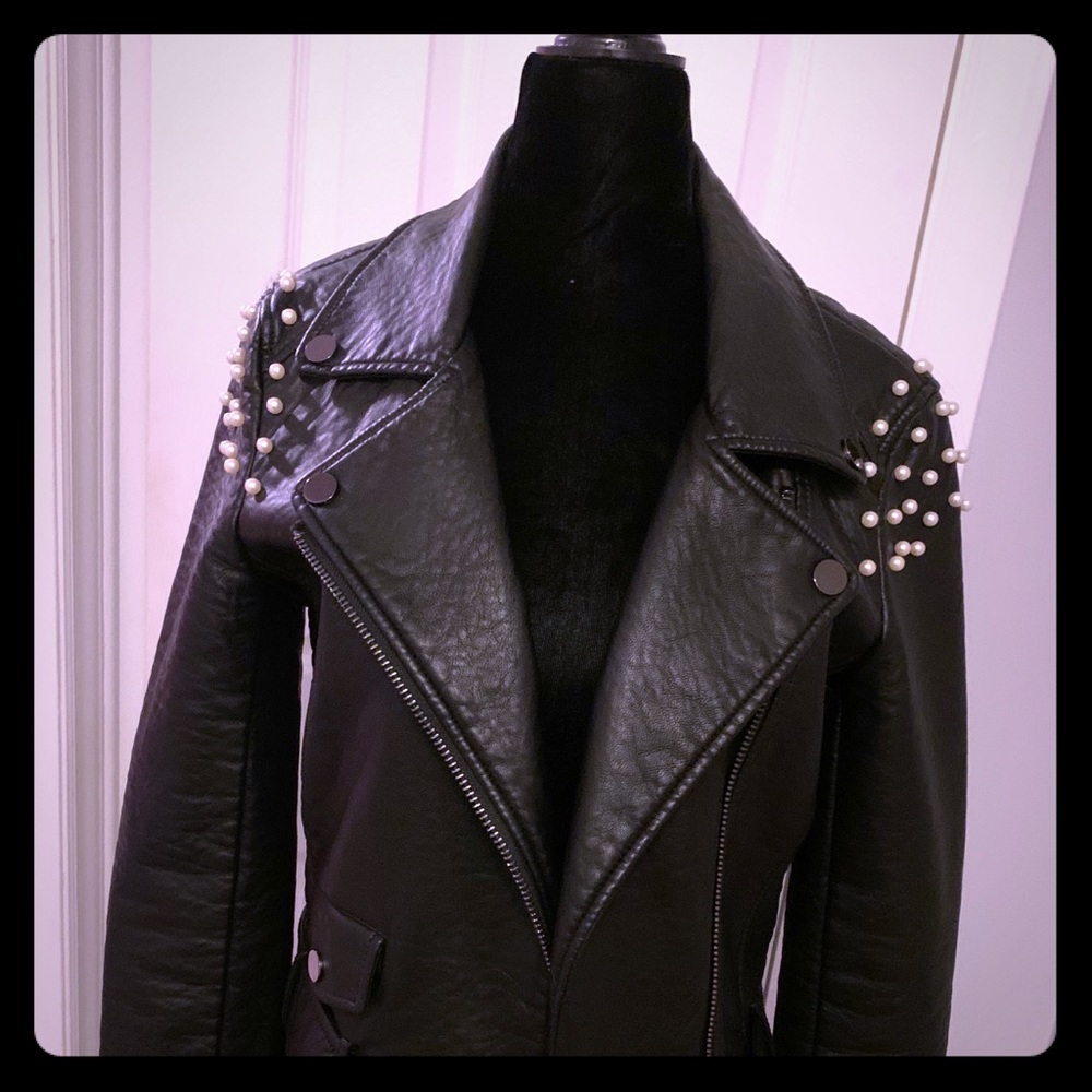 Faux Leather Moto Jacket with pearl detail.